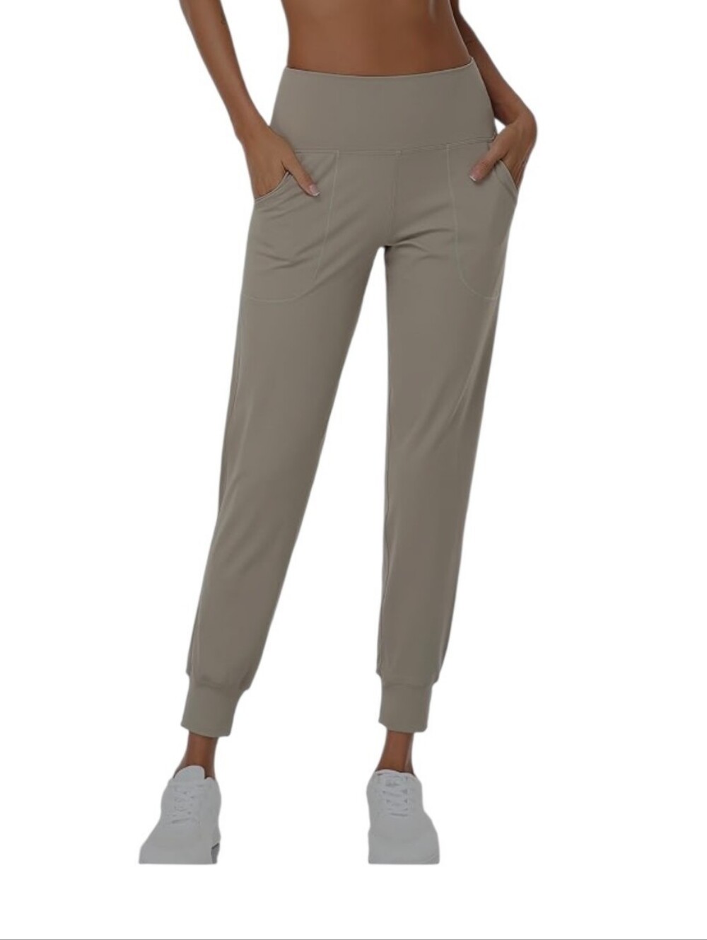Oalka Women's Joggers High Waist Yoga Pockets Pants Khaki Tan Color Size Small